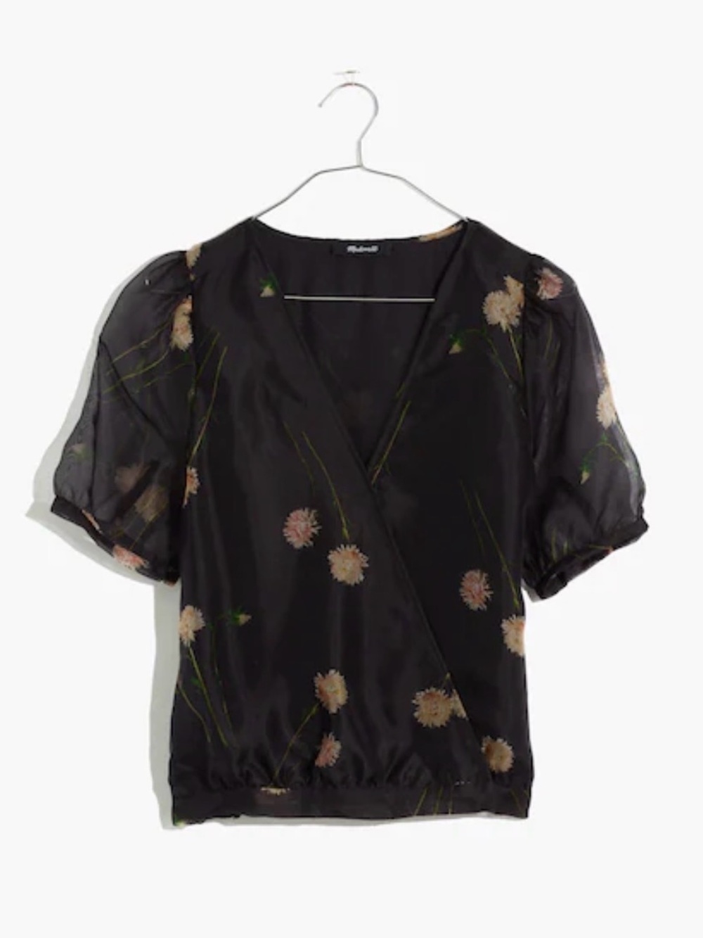 Madewell Black Floral Puff-Sleeve Wrap Top
